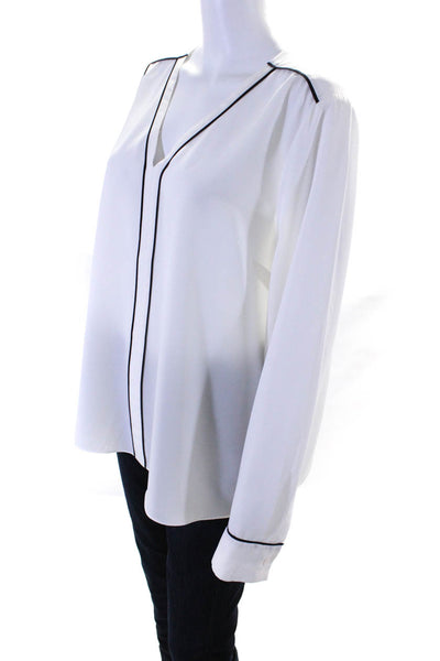 Hobbs London Womens Sheer V Neck Long Sleeved Trim Blouse White Black Size 14