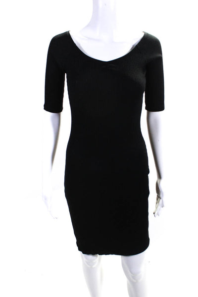Amour Vert Womens Boat Neck Short Sleeves Ribbed Bodycon Mini Dress Black Size M