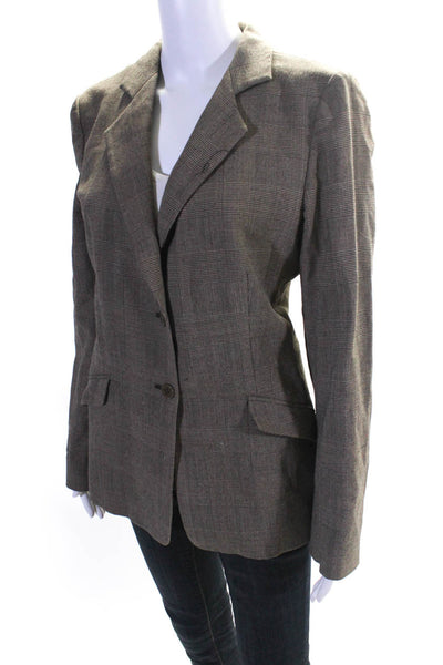 Armani Collezioni Womens Plaid Print Two Button Blazer Jacket Brown Size 10