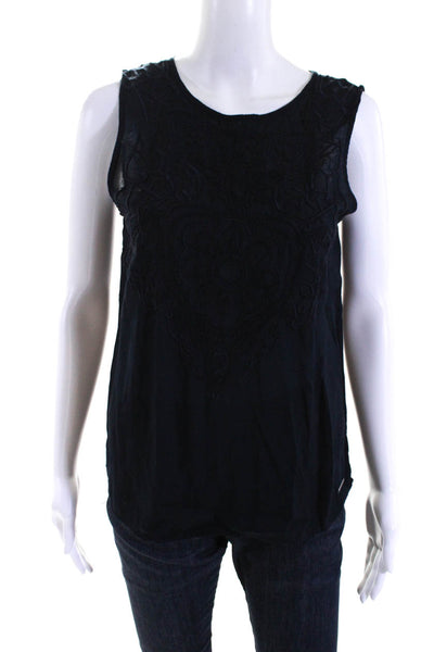 Lexington Clothing Womens Embroidered Floral Sleeveless Top Blouse Navy Size XS