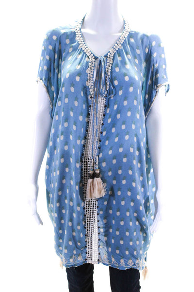 Skemo Womens Spotted Sequined Short Sleeve Tassel Tied Tunic Top Blue Size L
