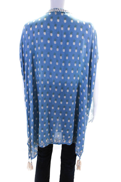 Skemo Womens Spotted Sequined Short Sleeve Tassel Tied Tunic Top Blue Size L