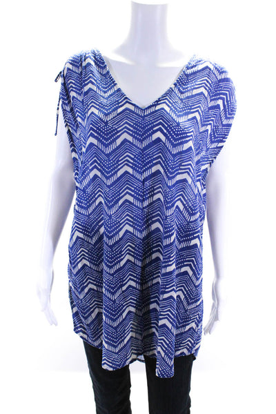 J Crew Womens Cotton Abstract Print Tied Ruched Short Sleeve Blouse Blue Size M