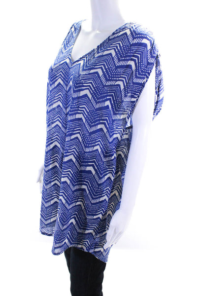 J Crew Womens Cotton Abstract Print Tied Ruched Short Sleeve Blouse Blue Size M