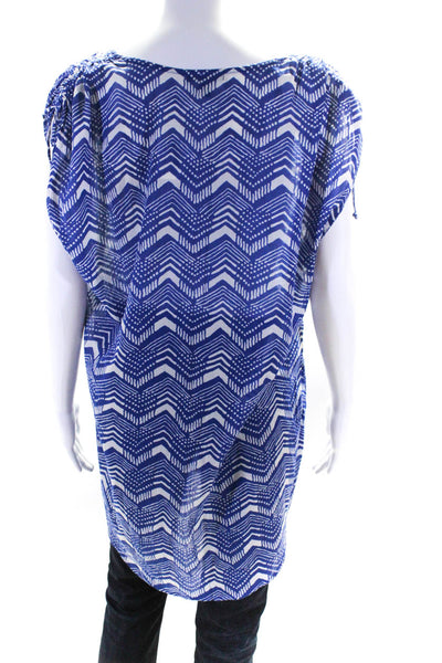 J Crew Womens Cotton Abstract Print Tied Ruched Short Sleeve Blouse Blue Size M