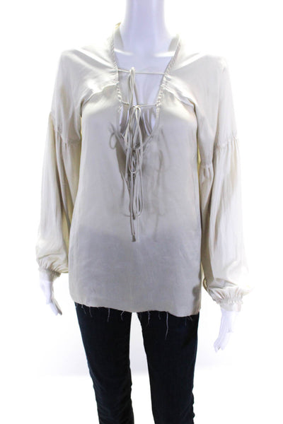 Calvin Rucker Womens Long Sleeves Lace Up Neck Blouse Off White Size Small