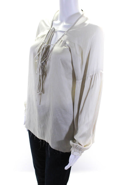 Calvin Rucker Womens Long Sleeves Lace Up Neck Blouse Off White Size Small