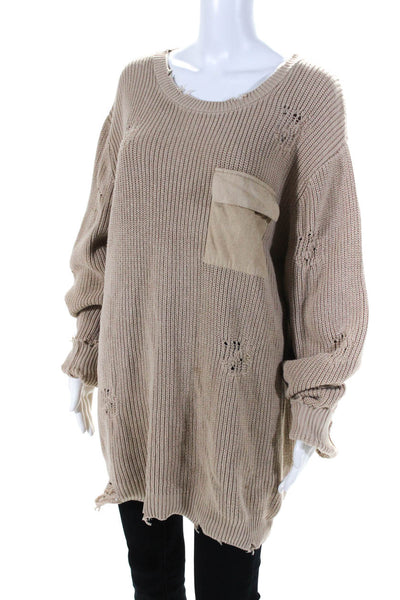 Ser.O.Ya Women's Crewneck Long Sleeves Distress Sweater Beige Size L