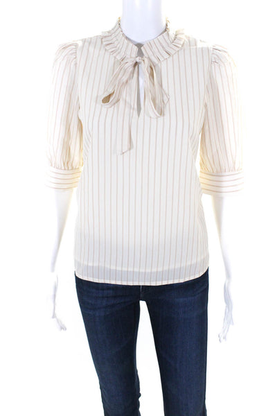 Current Air Womens Half Sleeve Keyhole Vertical Stripe Shirt White Brown Size XS