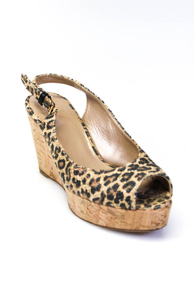 Stuart Weitzman Womens Leopard Printed Woven Straw Platform Sandals Brown 10