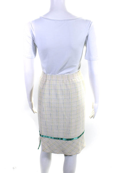 St. John Couture Womens Plaid Pencil Skirt White Blue Wool Size 2