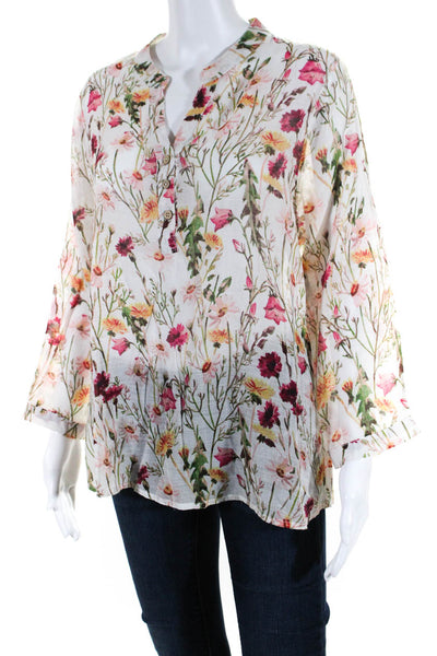 Erica Wilson Needle Works Womens 3/4 Sleeve Floral V Neck Shirt White Multi XS/S
