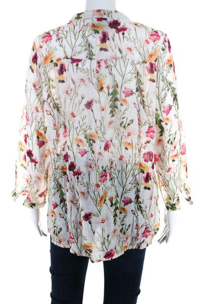 Erica Wilson Needle Works Womens 3/4 Sleeve Floral V Neck Shirt White Multi XS/S