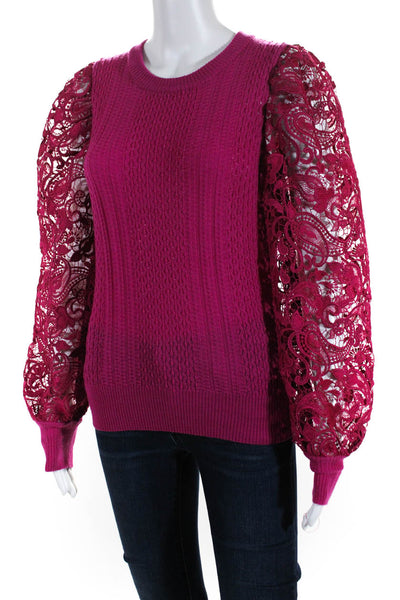 Haute Hippie Women's Paisley Lace Textured Knit Blouse Fuschia Size S