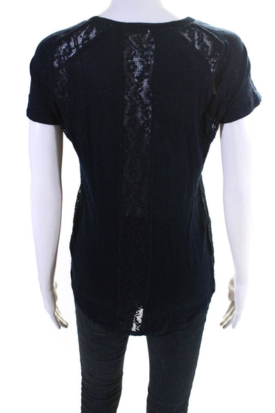 Rebecca Taylor Womens Short Sleeved Floral Lace Cutout T Shirt Navy Blue Size S