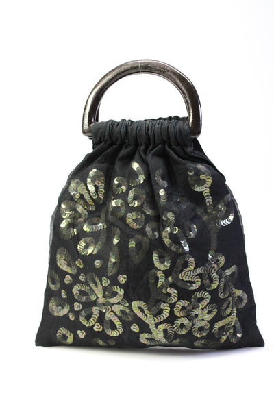 Megan Park Womens 100% Silk Bucket Wooden Handle Clutch Handbag Black Green