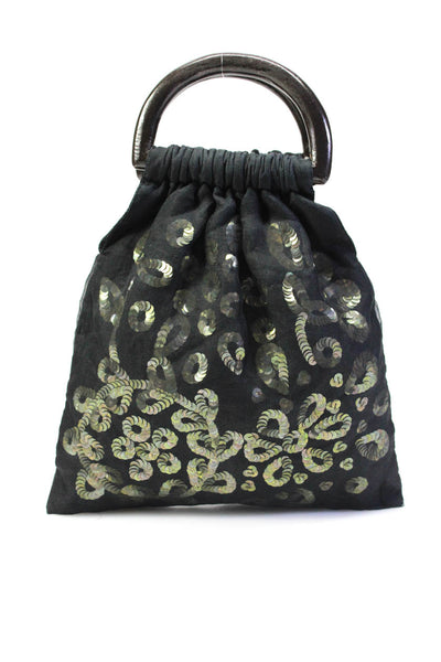 Megan Park Womens 100% Silk Bucket Wooden Handle Clutch Handbag Black Green