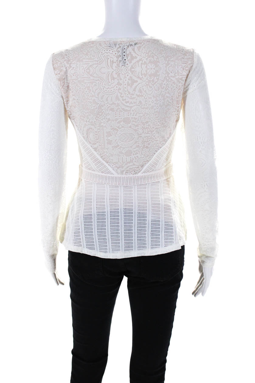 BCBG Max Azria Womens Lace Long Sleeves Peplum Blouse White Size