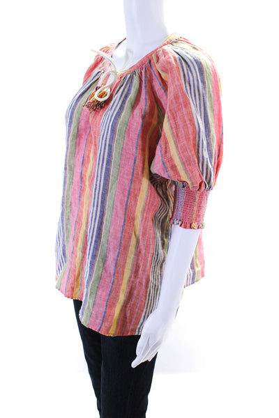 Sundays Womens Linen Striped Long Sleeves Blouse Multi Colored Size 3