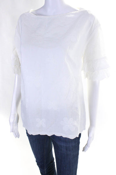 MiH Jeans Womens Cotton Boat Neck Tiered Short Sleeve Blouse Top White Size S