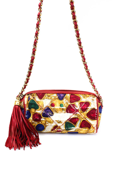 Chanel Satin Multicolor Gripoix Print Chain Link Strap Tassel Shoulder Bag Red