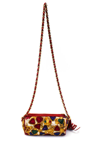 Chanel Satin Multicolor Gripoix Print Chain Link Strap Tassel Shoulder Bag Red