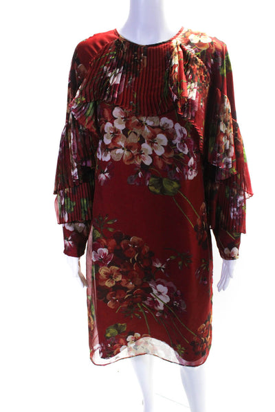Mikael Aghal Womens Chiffon Floral Print Pleated Trim Sheath Dress Red Size 10