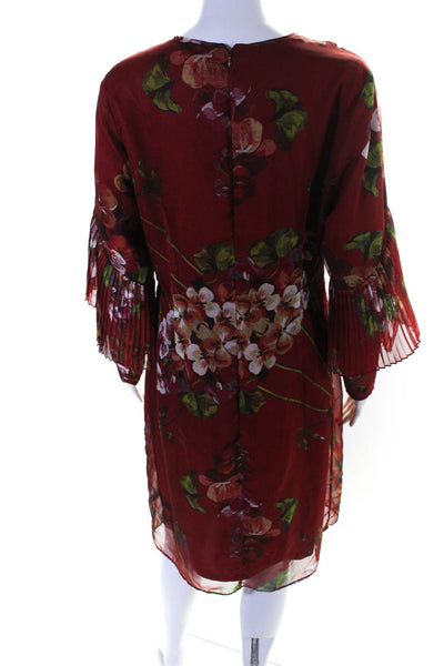 Mikael Aghal Womens Chiffon Floral Print Pleated Trim Sheath Dress Red Size 10