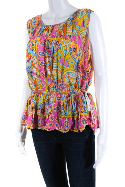 Rachel Zoe Womens Abstract Paisley Sleeveless Top Blouse Pink Yellow Size Large