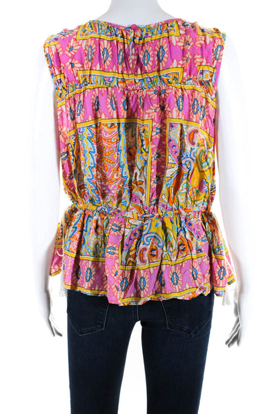 Rachel Zoe Womens Abstract Paisley Sleeveless Top Blouse Pink Yellow Size Large