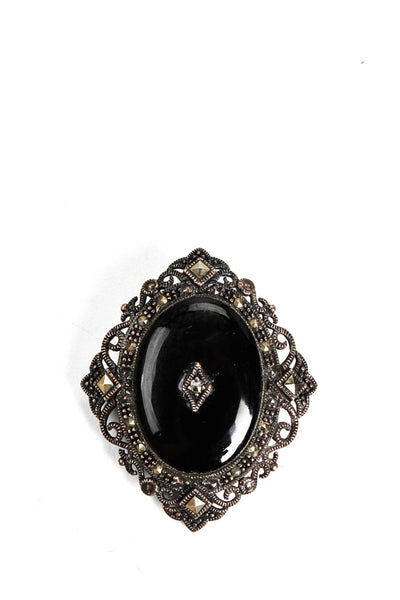 Designer Womens Vintage Sterling Silver Marcasite Onyx Filigree Brooch Pin