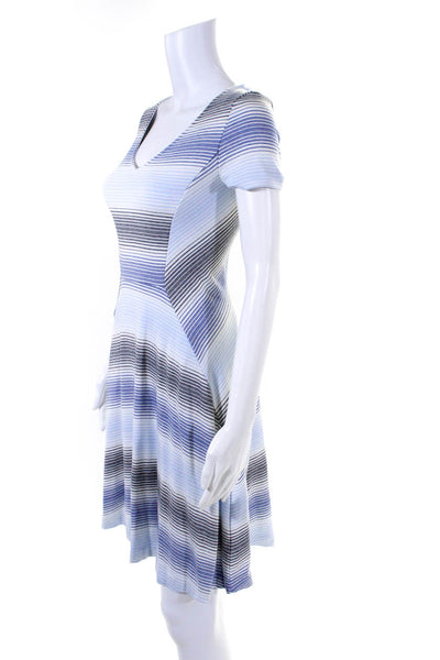 Three Dots Womens Striped Short Sleeved V Neck Dress Blue White Black Size S