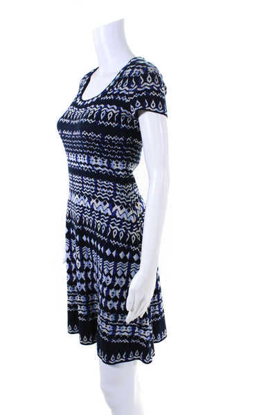 BCBG Max Azria Womens Fair Isle Short Sleeved Sweater Dress Blue White Size PXS