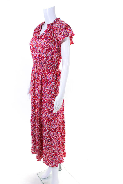 An'ge Womens Floral Ruffled Short Sleeved Long Tiered Dress Red Pink Size 1