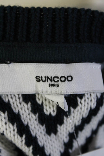 Suncoo Womens Pullover Scoop Neck Wavy Sweatshirt White Navy Blue Cotton Size 1