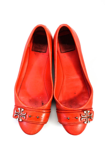 Tory Burch Women's Leather Logo Buckle Round Toe Flats Orange Size 9.5