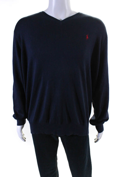 Polo Ralph Lauren Mens V Neck Pullover Sweater Navy Blue Cotton Size 2XB