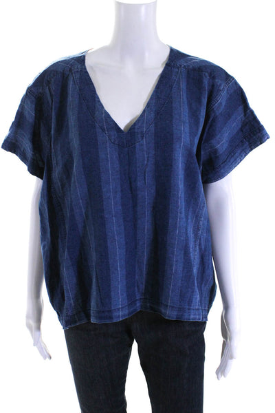 Joie Womens Striped Print V-Neck Short Sleeve Batwing Top Denim Blue Size M