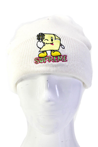 Supreme Mens Embroidered Note Graphic Logo Knit Beanie Hat White One Size