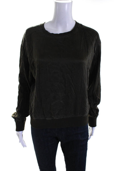 Theory Womens Long Sleeve Knit Trim Silk Sweatshirt Brown Size Petite