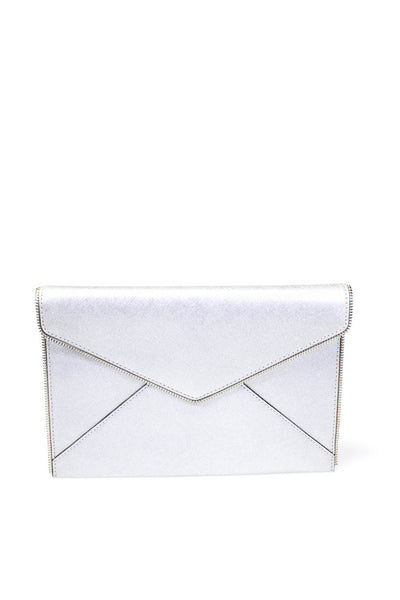 Rebecca Minkoff Metallic Saffiano Leather Zipper Trim Snap Envelope Clutch Gray