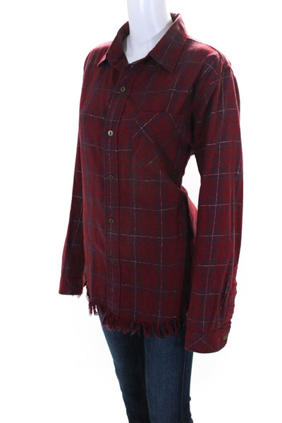 Current/Elliott Womens Red Cotton Plaid Fringe Button Down Shirt Size 3
