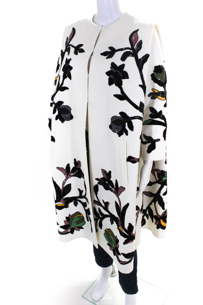 Valentino Womens Floral Embroidered Wool Cashmere Coat White Black Size IT 38