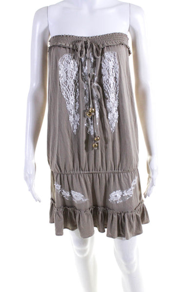 Vanita Rosa Womens Ruched Floral Lace Embroidered Blouson Dress Beige Size M