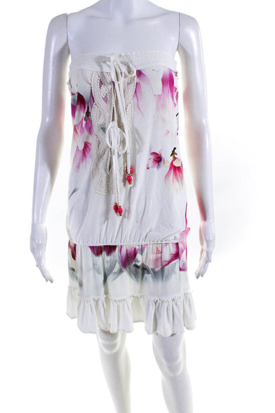 Vanita Rosa Womens Floral Print Ruche Tied Sleeveless Blouson Dress White Size M