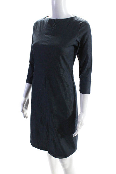 P.A.K. Womens Y Neck 3/4 Sleeve Denim Sheath Dress Blue Cotton Size Petite