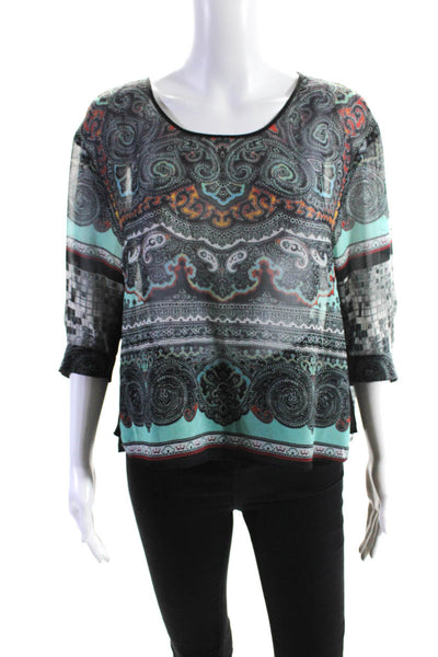 Clover Canyon Womens Abstract Paisley 3/4 Sleeve Top Blouse Black Blue Size XS