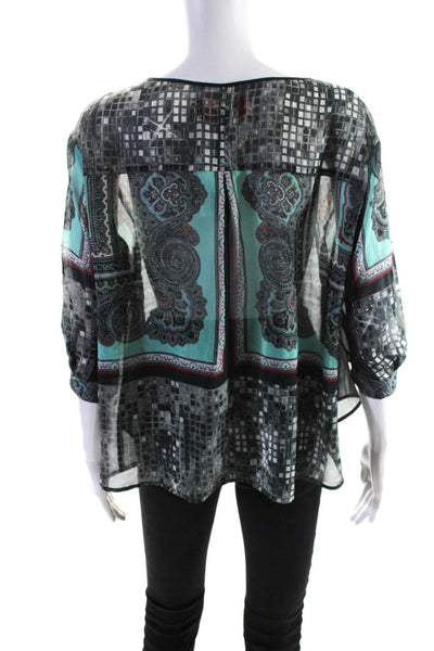 Clover Canyon Womens Abstract Paisley 3/4 Sleeve Top Blouse Black Blue Size XS