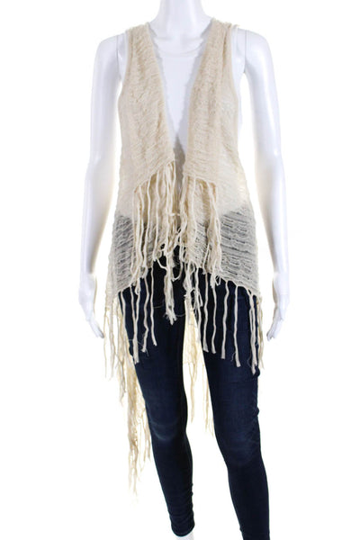 L Space Womens Loose Knit Fringe Long Waterfall Cardigan Vest Beige Size XS/S