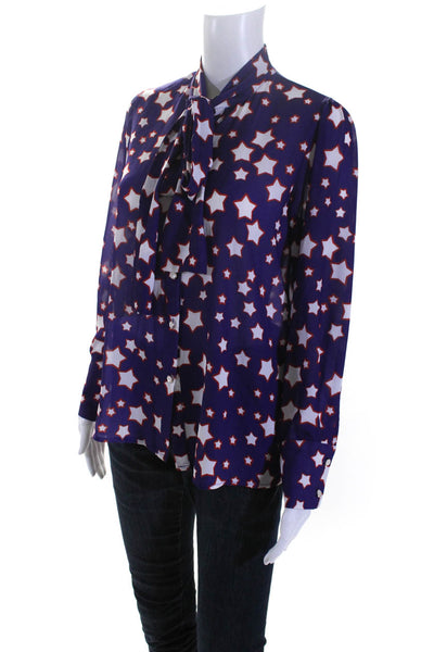 Beulah Womens Star Print Tie Neck Button Up Top Blouse Purple Red Size Small